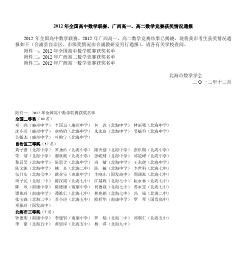 2012年全国高中数学联赛、广西高一、高二数学竞赛获奖情况通报