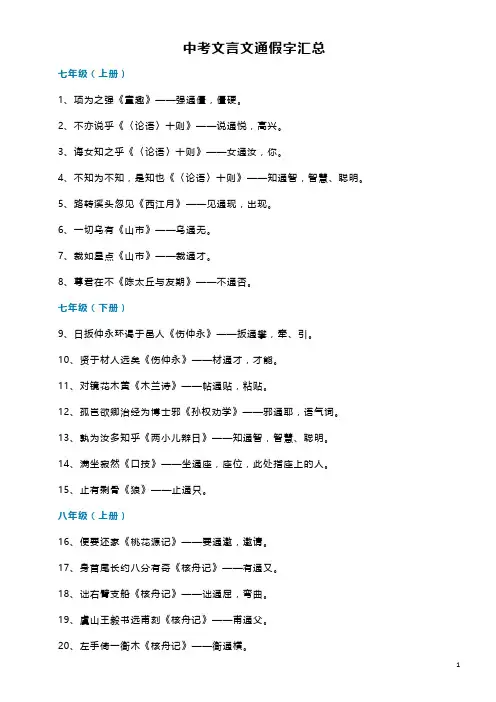 中考文言文通假字汇总