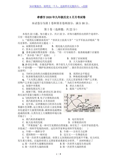 湖北省孝感市2020年九年级第二学期历史5月月考试卷