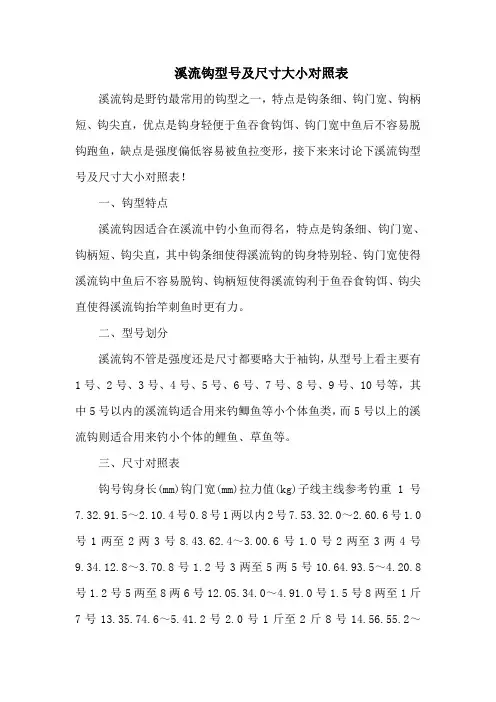 钓鱼技巧之钓具：溪流钩型号及尺寸大小对照表