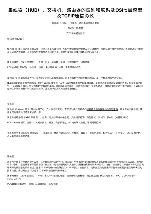 集线器（HUB）、交换机、路由器的区别和联系及OSI七层模型及TCPIP通信协议