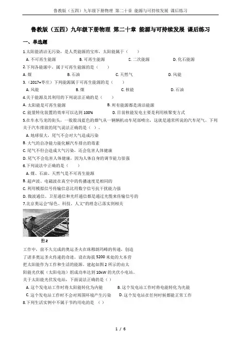 鲁教版(五四)九年级下册物理 第二十章 能源与可持续发展 课后练习