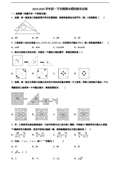 2019-2020学年衡水市初一下学期期末数学达标检测试题