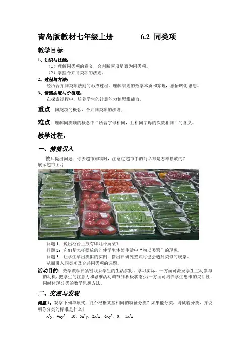 青岛版教材七年级上册       6.2 同类项