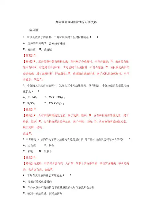九年级化学阶段性练习测试卷
