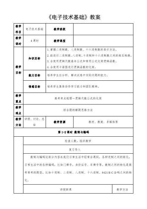 数制与编码码及逻辑代数公式化简(含卡诺图化简)专题教案