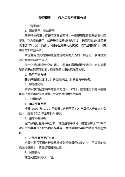 预算模型——各产品盈亏平衡分析