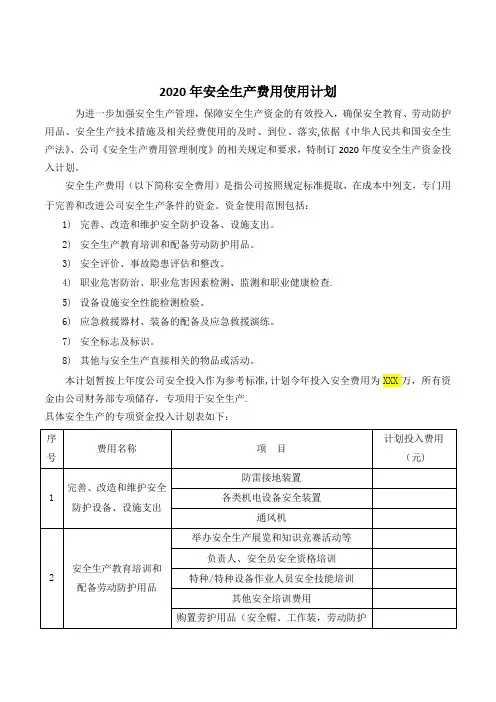2020年 安全投入计划
