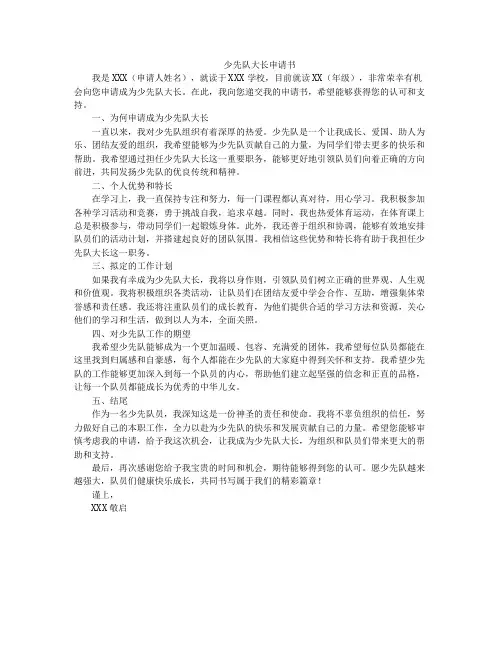 少先队大长申请书