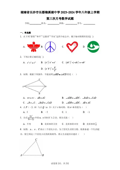 湖南省长沙市长郡梅溪湖中学2023-2024学年八年级上学期第三次月考数学试题