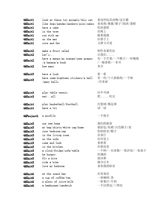 译林版小学英语教材短语整理(四年级上+下)