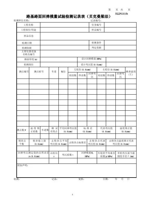 路基路面回弹模量试验检测记录表(贝克曼梁法)