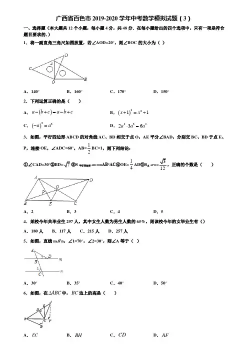 广西省百色市2019-2020学年中考数学模拟试题(3)含解析