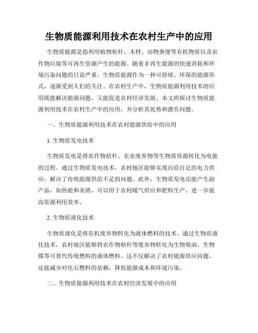 生物质能源利用技术在农村生产中的应用
