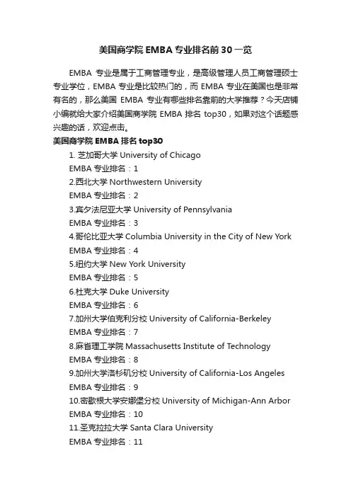 美国商学院EMBA专业排名前30一览