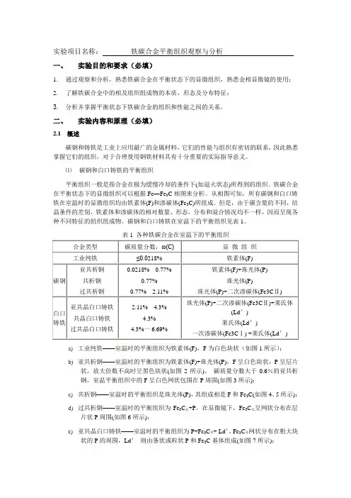 机械制造 实验报告 铁碳合金平衡组织观察与分析