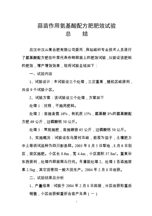 蒜苗作用氨基酸配方肥肥效试验-总结