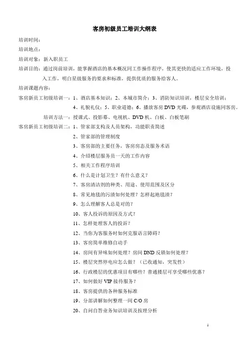 客房初级员工培训大纲表
