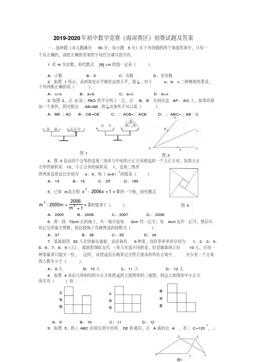 2019-2020年初中数学竞赛(海南赛区)初赛试题及答案