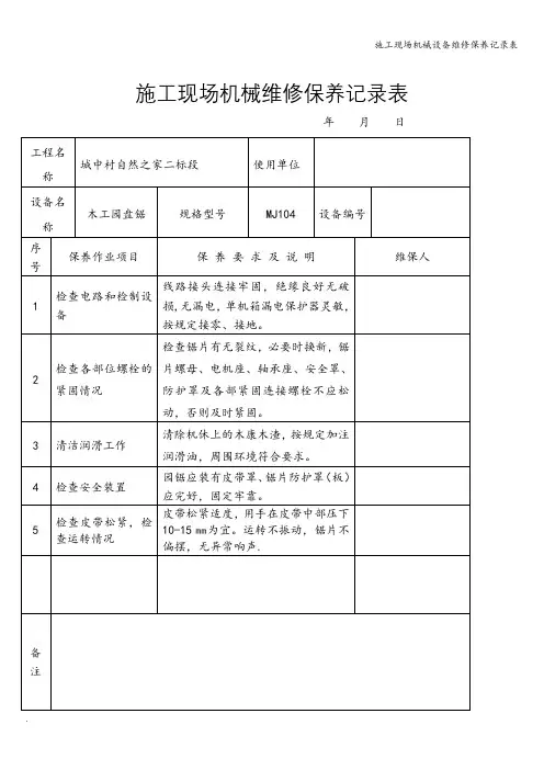 水利工程施工现场机械设备维修保养记录表