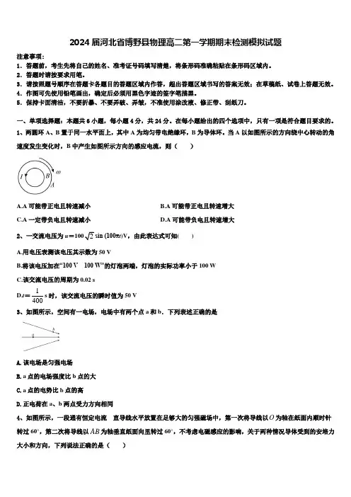 2024届河北省博野县物理高二第一学期期末检测模拟试题含解析