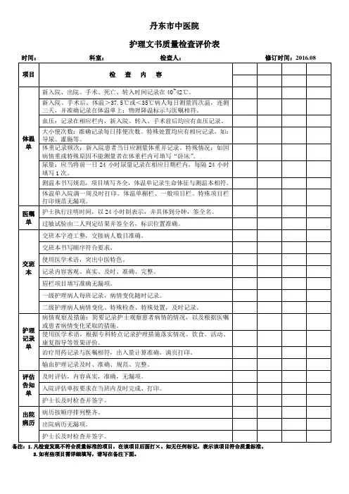 护理文书质量检查评价表2016.8.2