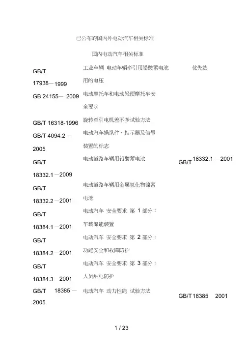 国内电动汽车相关标准