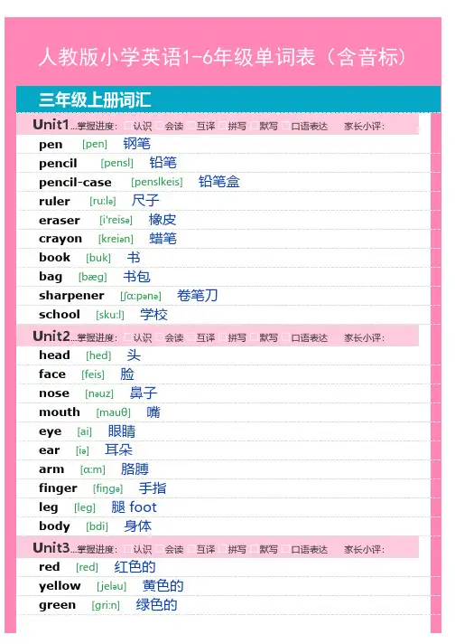 人教版小学英语1-6年级单词表【单元排序】【带音标】【已排版可直接打印】【掌进进度标】【可装册单页】