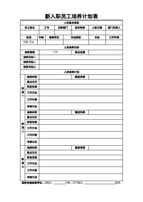 新入职员工培养计划表模板