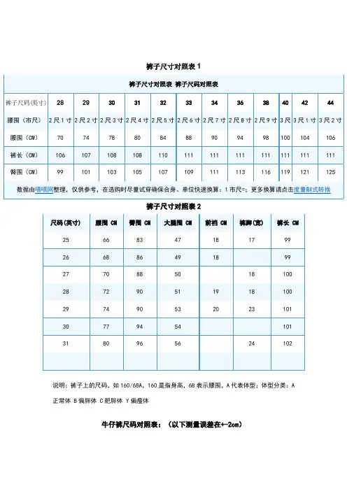 裤子尺码对照表