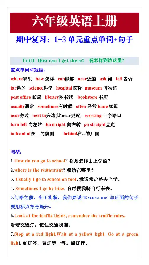 小学小学六年级英语上册1-3单元重点单词+句子