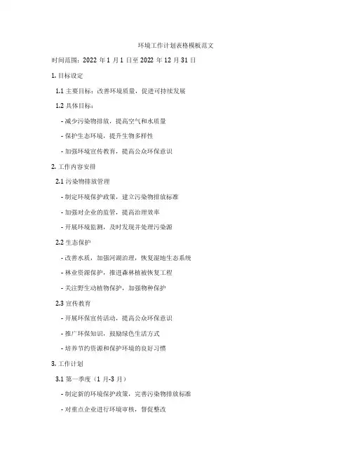 环境工作计划表格模板范文
