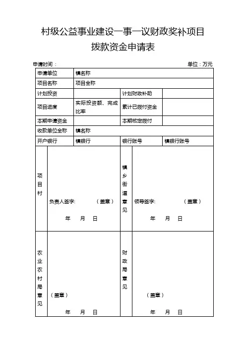 村级公益事业建设一事一议财政奖补项目拨款资金申请表【模板】