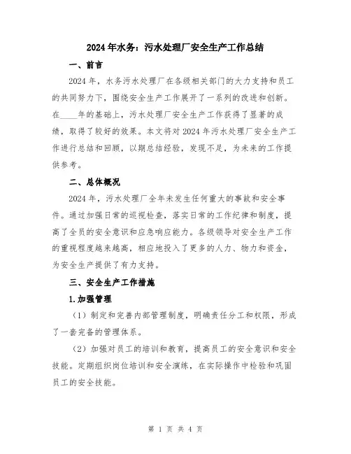 2024年水务：污水处理厂安全生产工作总结