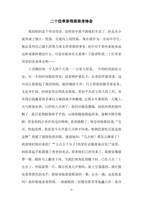二十位单亲母亲亲身体会