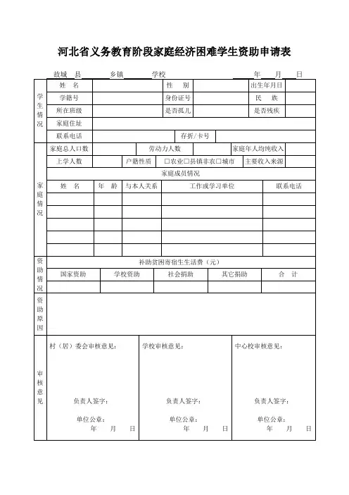 河北省义务教育阶段家庭经济困难学生资助申请表