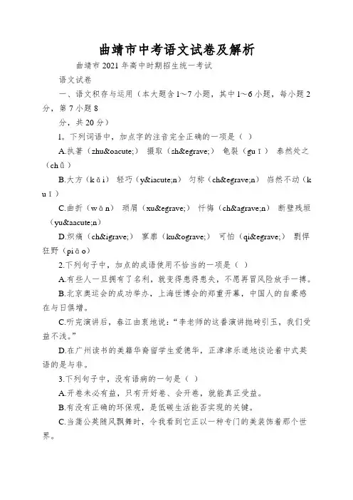 曲靖市中考语文试卷及解析