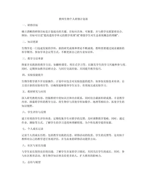 教师生物个人研修计划表