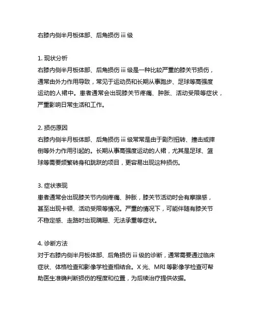 右膝内侧半月板体部、后角损伤iii级