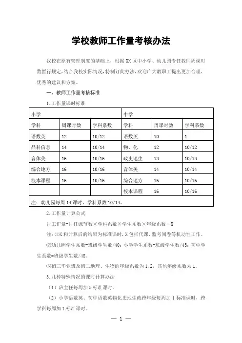 学校教师工作量考核办法(模板)