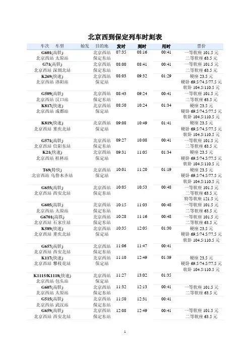 北京到保定列车时刻表