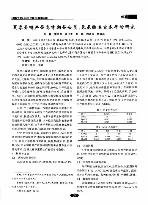 夏季蛋鸭产蛋高峰期蛋白质、氨基酸适宜水平的研究