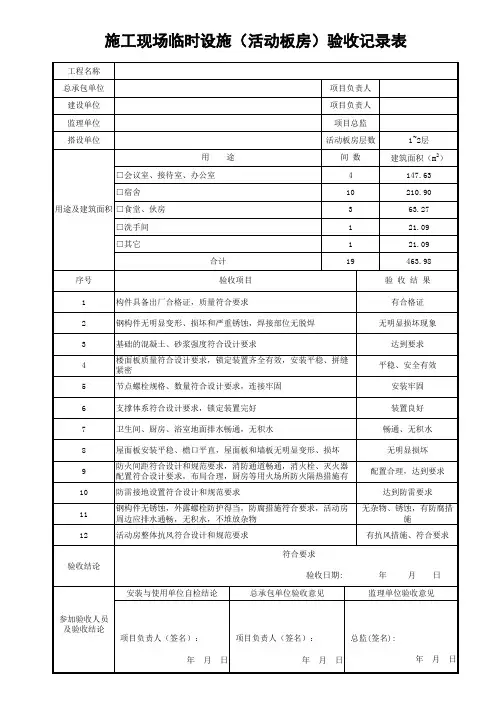 施工现场临时设施(活动板房)验收记录表