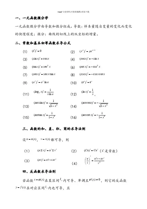 一元函数的导数公式和微分