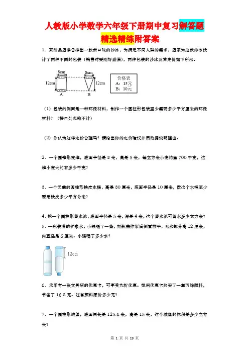 期中复习解答题(试题)-六年级下册数学人教版