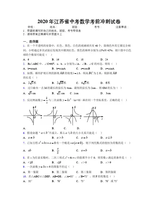 2020年江苏省中考数学考前冲刺试卷附解析