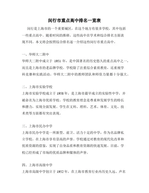 闵行市重点高中排名一览表