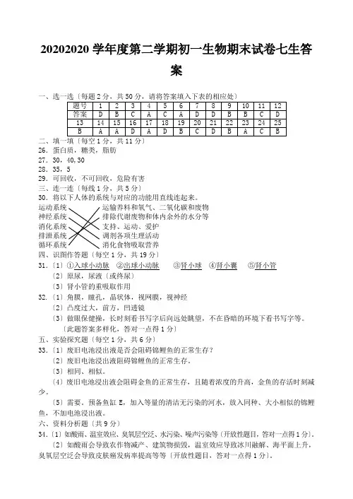 20202020学年度第二学期初一生物期末试卷七生答案