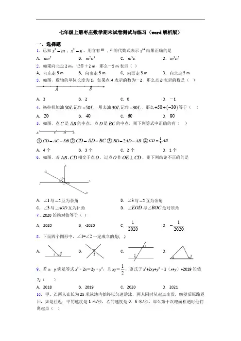 七年级上册枣庄数学期末试卷测试与练习(word解析版)