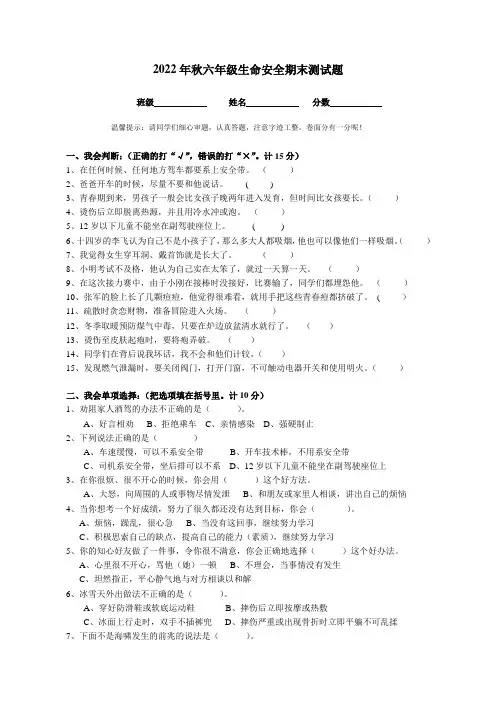 生命安全期末测试题(试题)六年级上册生命安全